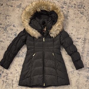 Laundry By Shelli Segal Black Puffer Jacket with Faux Fur Trim